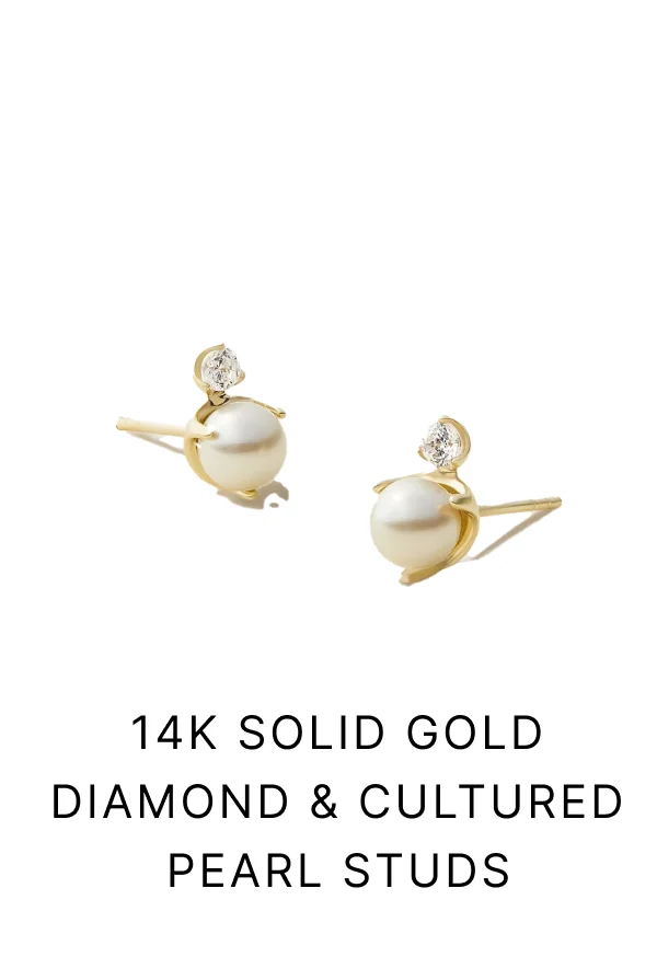 14k Solid Gold Diamond & Cultured Pearl Studs