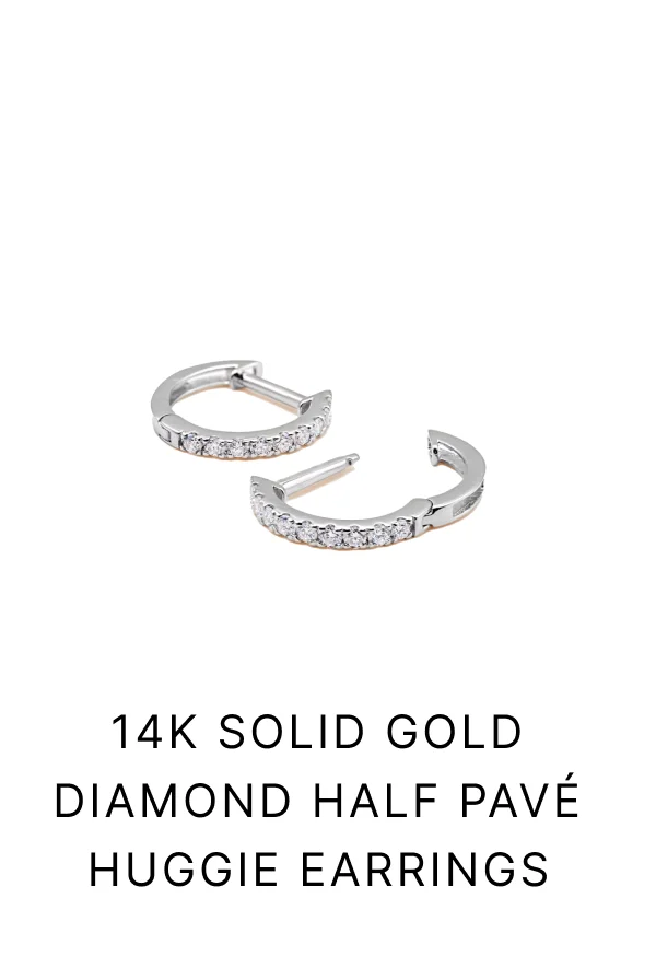 14k Solid Gold Diamond Half Pavé Huggie Earrings