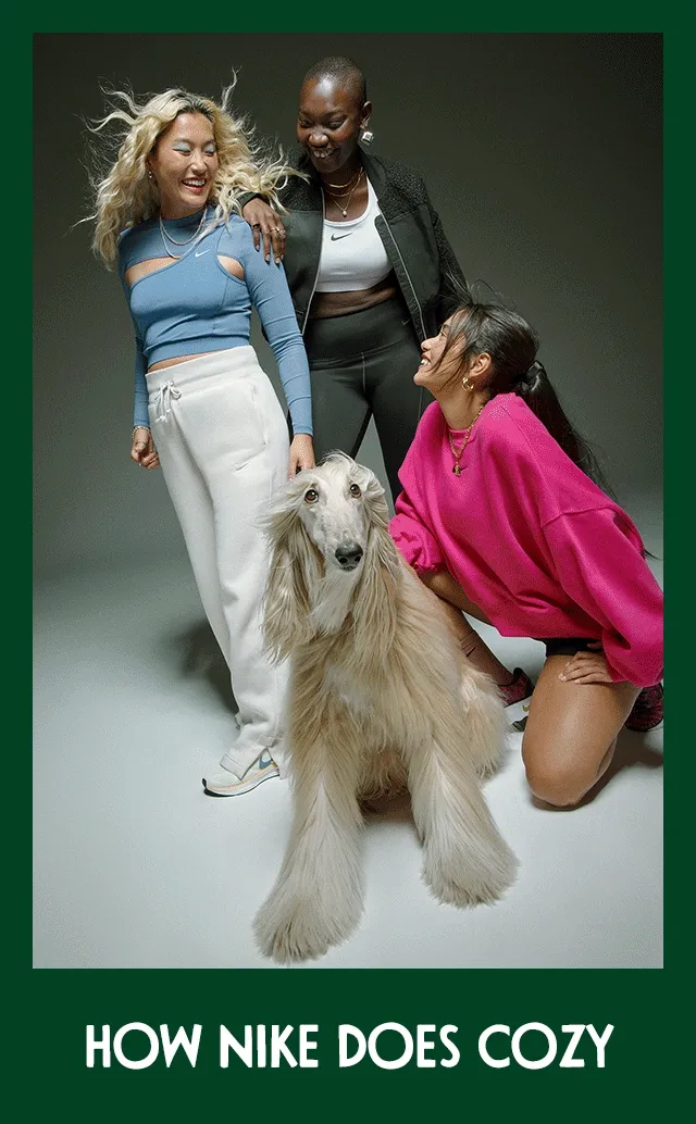 Three women wearing fleece clothing and sneakers from Nike.