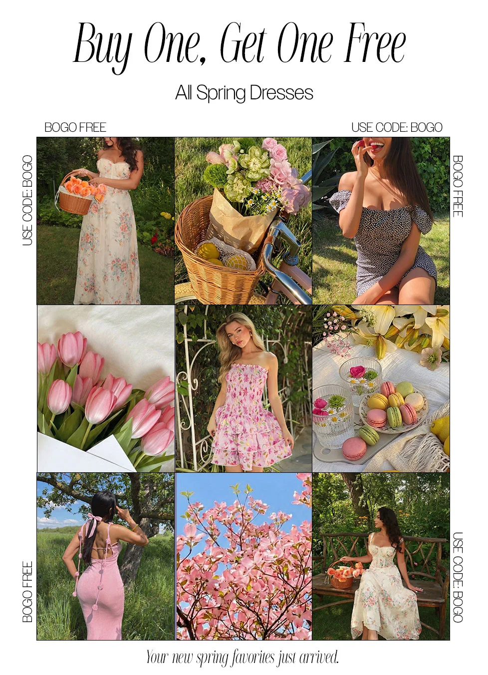 Collage of models in floral and solid spring dresses, plus spring scenes. Promoting a discount code sale on all new spring favorites. Use code discount code.