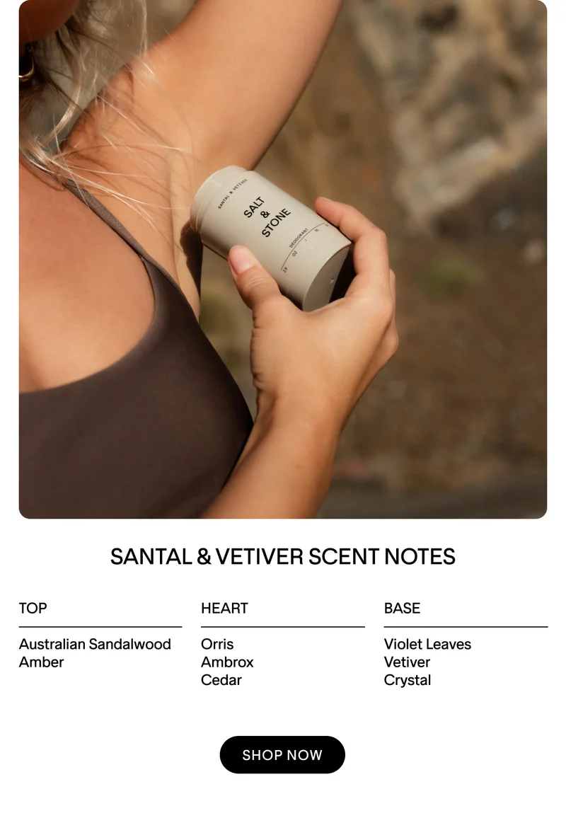 SANTAL & VETIVER SCENT NOTES. TOP: Australian Sandalwood Amber  HEART: Orris Ambrox Cedar  BASE: Violet Leaves Vetiver Crystal