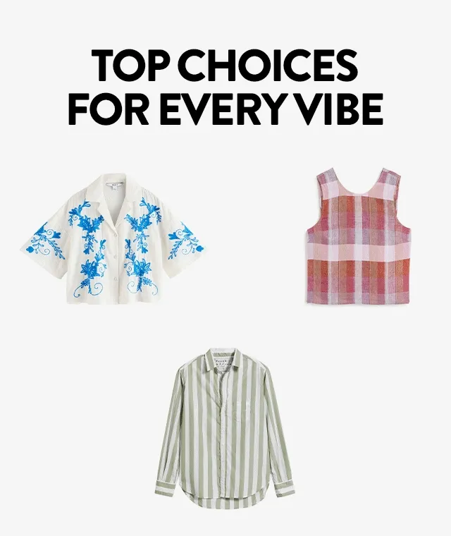 Tops, including embroidered, striped and knit button-ups; plaid and floral-print tanks; and a printed blouse.