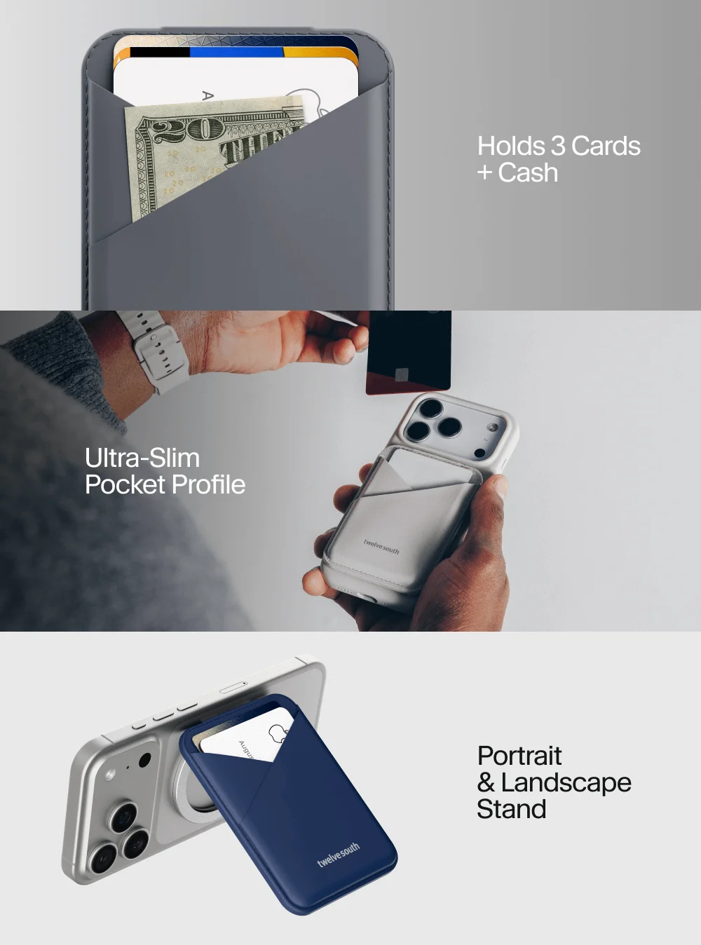 Holds 3 Cards + Cash | Ultra-Slim  Pocket Profile | Portrait  & Landscape  Stand