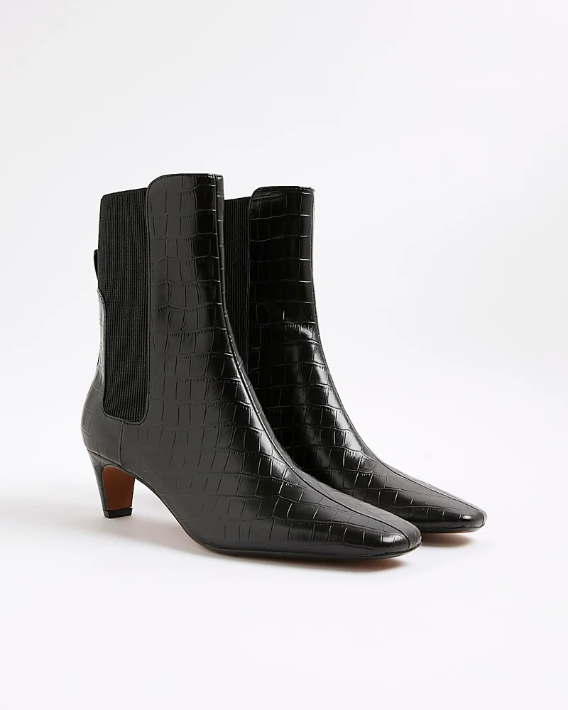 Black Kitten Heel Croc Textured Ankle Boots