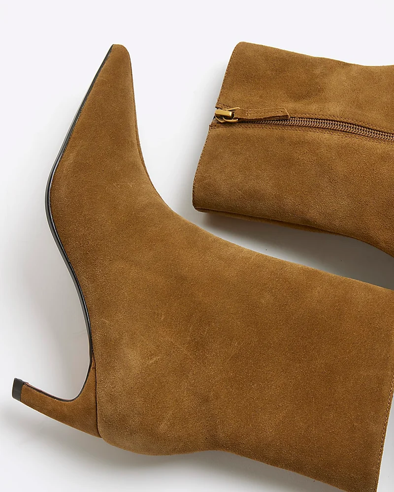 Brown Wide Fit Suede Kitten Heel Boots