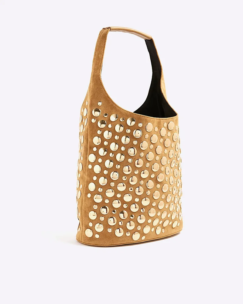 Brown Faux Suede Studded Bucket Shoulder Bag