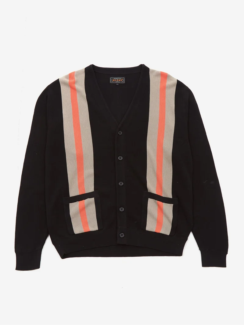 Image of Beams Plus Stripe Jacquard Cardigan - Black