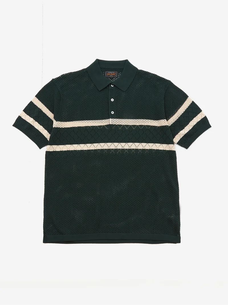 Image of Beams Plus Knit Polo Mesh Stripe - Green