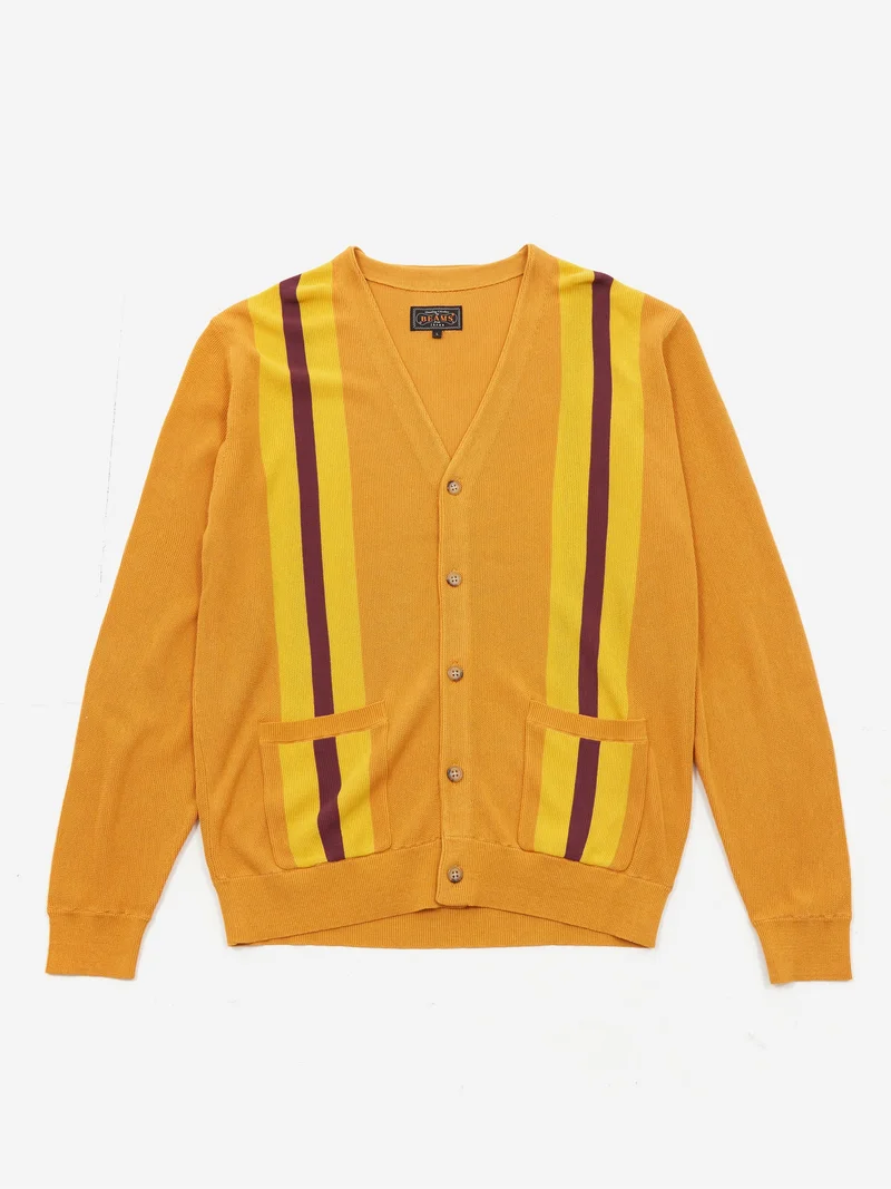 Image of Beams Plus Stripe Jacquard Cardigan - Mustard