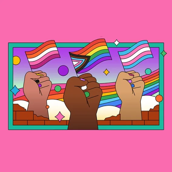 Three illustrated hands of differing skin tones hold various Pride flags against a rainbow hued backdrop framed by a teal border. Behind these illustrations is a pink backdrop.