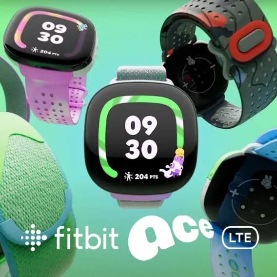 Five Fitbit Ace LTE smartwatches in varying positions, with one in the center showing its display. The display has a lime green frame around most of the screen and shows the time 9:30. The words “fitbit ace LTE” sit at the bottom of the image below the center watch.