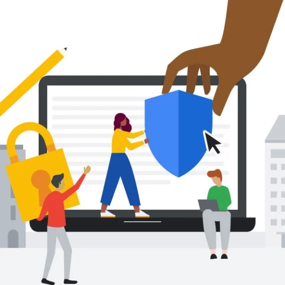 Abstract illustration of a hand reaching into a computer screen to pick up a blue badge. There are small people on the screen around other icons, including a lock and a pencil.