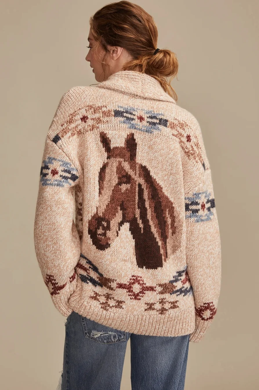 Image of Lucky Brand Santa Fe Horse Cardigan - Women's Clothing Tops Sweaters