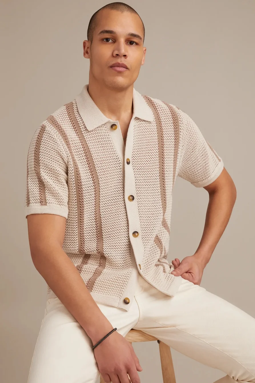 Image of Lucky Brand Border Stripe Button Down Sweater -Men's Clothing Tops Sweaters in Turtledove