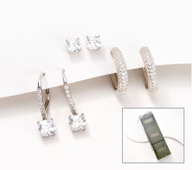 Diamonique Set of 3 Earrings in Gift Boxes, Sterling Silver