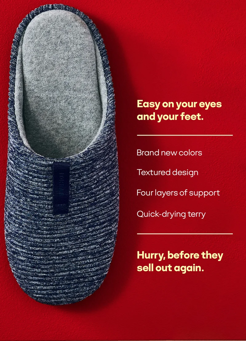 Easy on your eyes and your feet. | Brand new colors | Textured design | Four layers of support | Quick-drying terry | Hurry, before they sell out again.