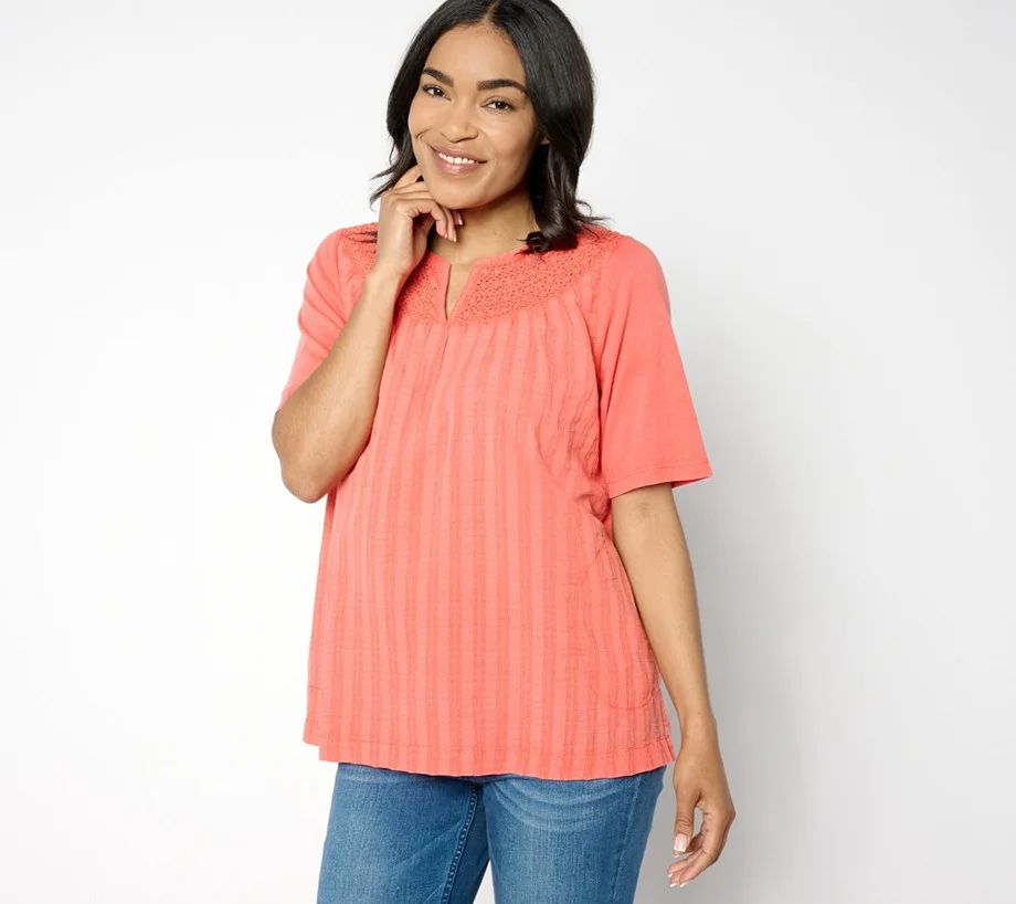 LOGO by Lori Goldstein Mixed Media Split Neck Top