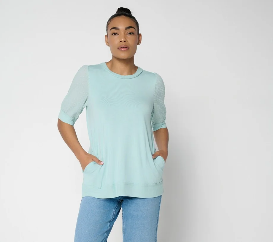 LOGO by Lori Goldstein Rayon 230 Elbow Sleeve Mixed Media Top