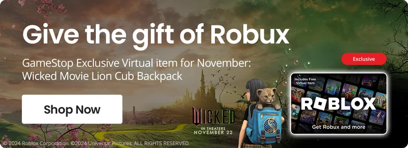 Give the gift of Robux - GameStop Exclusive Virtual Item for November: Wicked Movie Lion Cub Backpack | Shop Now