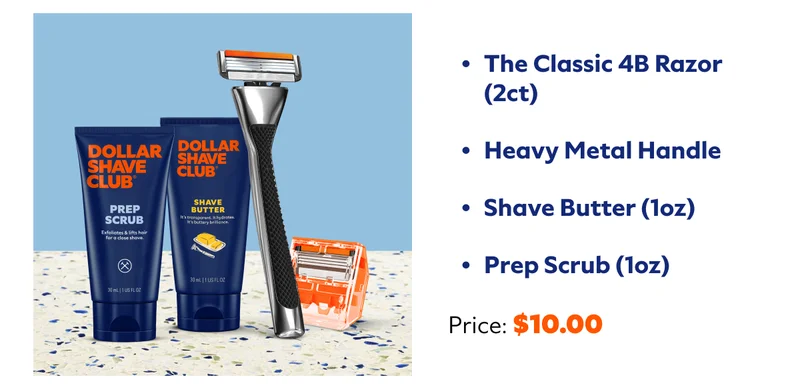 The Classic 4B Razor (2ct) Heavy Metal Handle Shave Butter (1oz) Prep Scrub (1oz)