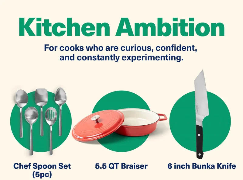 Kitchen ambition | Chef spoon | 5.5 QT Braiser | 6 inch Bunka Knife