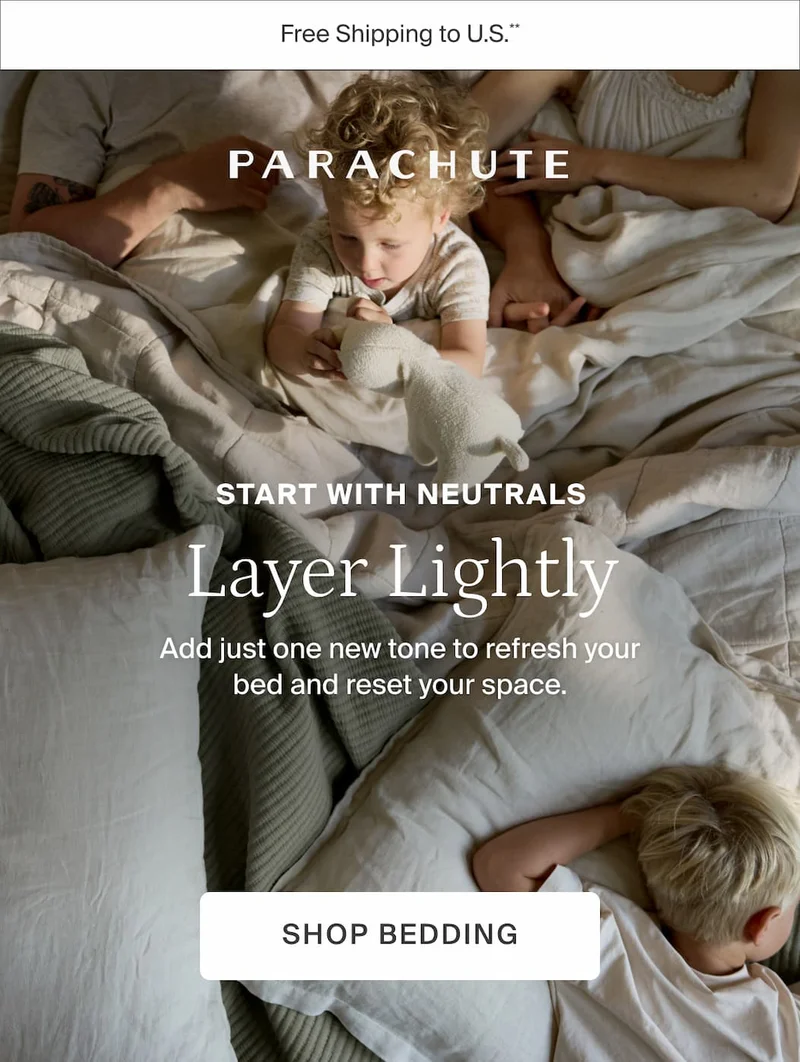 Start with neutrals. Layer lightly. Shop bedding.
