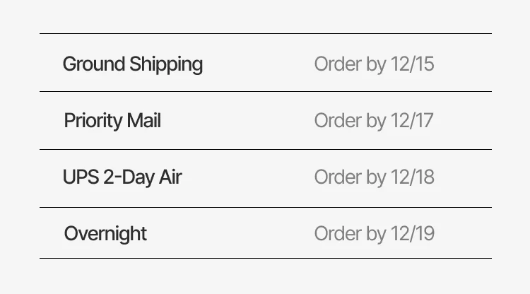Order by 12/15 for ground shipping, 12/17 for priority mail, 12/18 for 2-day air, 12/19 for overnight