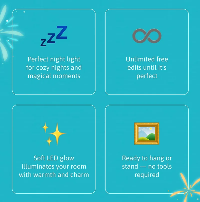💤 Perfect night light for cozy nights and magical moments  ♾️ Unlimited free edits until it’s perfect  ✨ Soft LED glow illuminates your room with warmth and charm  🖼️ Ready to hang or stand — no tools required