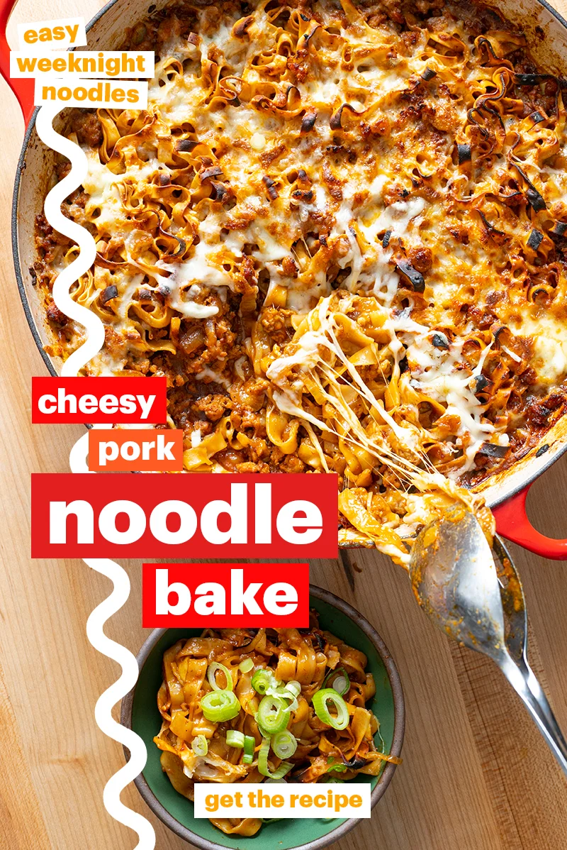easy weeknight noodles | cheesy pork noodle bake | get the recipe