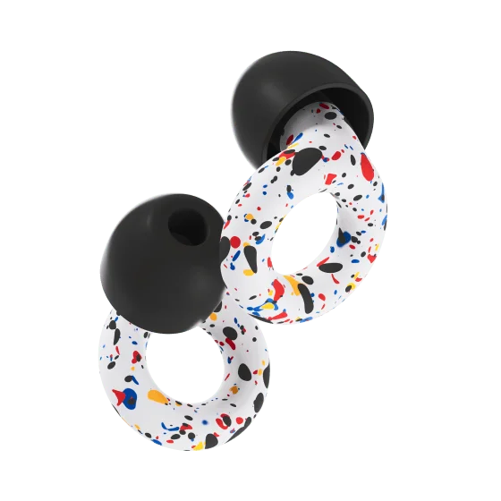 The new boldly colorful Loop x Andrew Footit Experience earplugs.