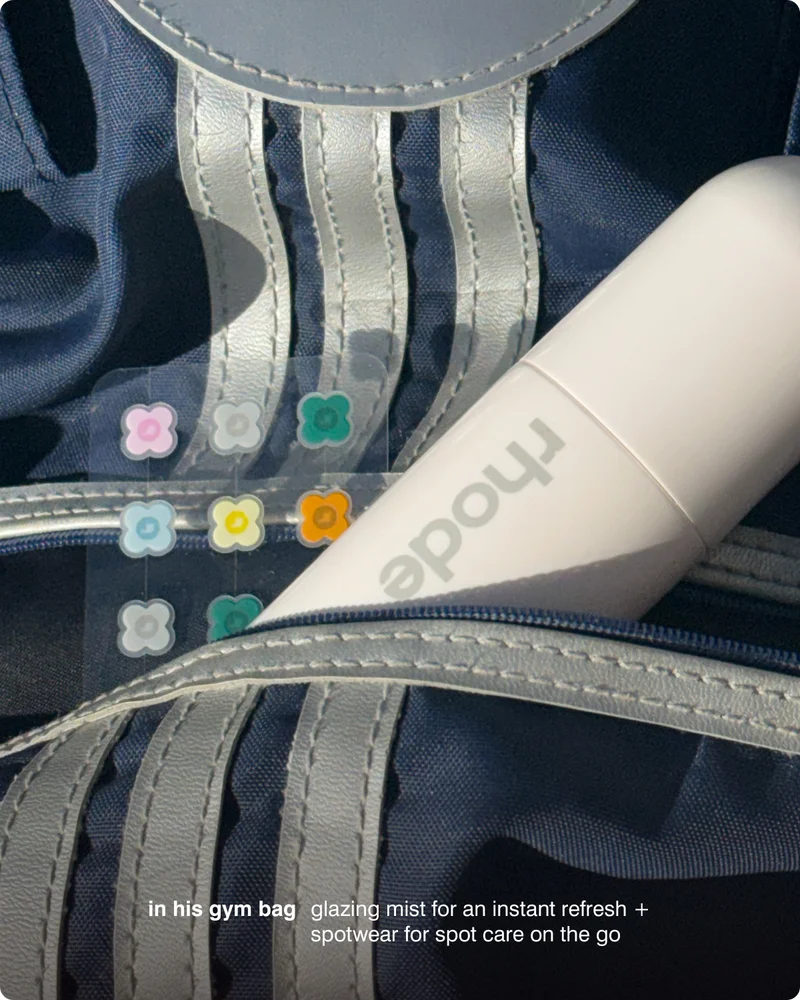 in his gym bag: glazing mist for an instant refresh + spotwear for spot care on the go