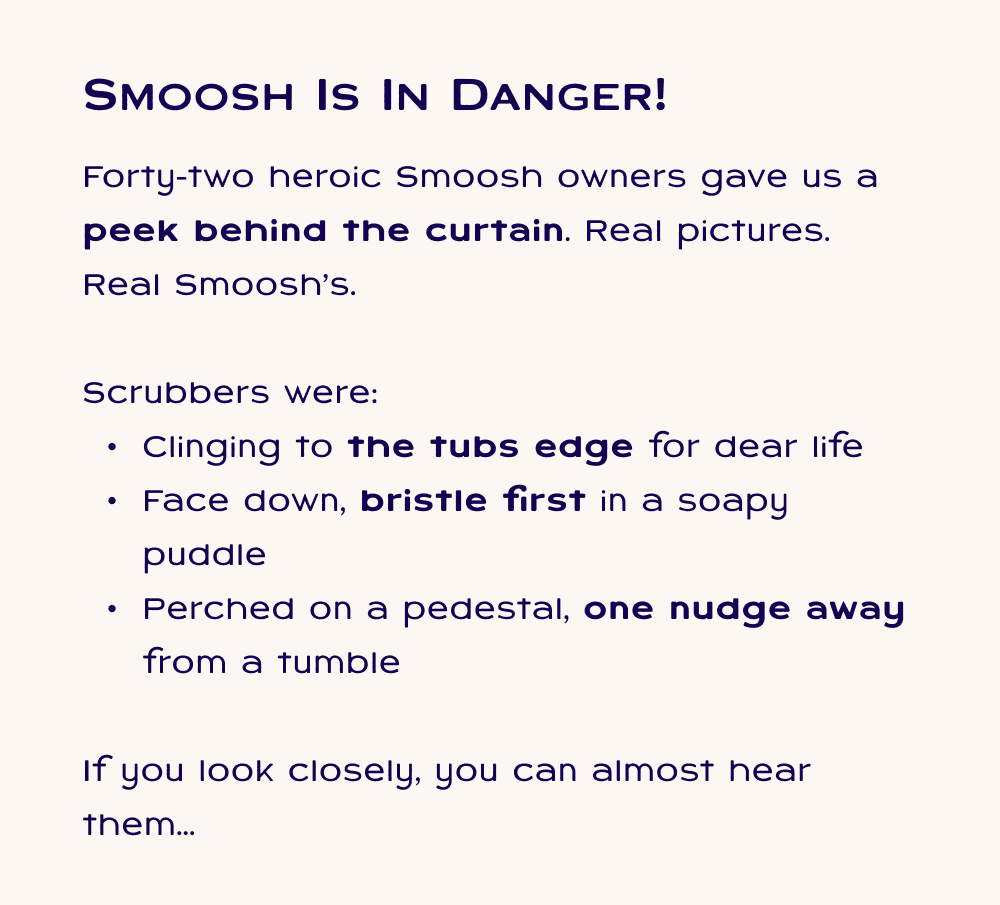Forty-two heroic Smoosh owners gave us a peek behind the curtain. Real pictures. Real Smoosh’s.   Scrubbers were: Clinging to the tubs edge for dear life Face down, bristle first in a soapy puddle Perched on a pedestal, one nudge away from a tumble  If you look closely, you can almost hear them...
