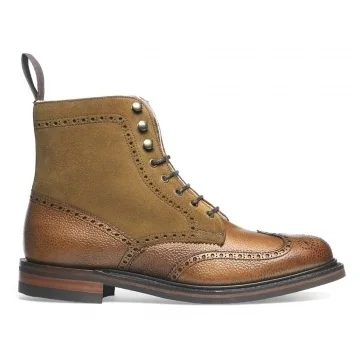 Amelia R Shearling Lined Derby Brogue Boot in Almond Grain Leather/Maracca Suede