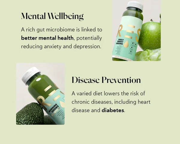 Mental Wellbeing: A rich gut microbiome is linked to better mental health, potentially reducing anxiety and depression. Disease Prevention: A varied diet lowers the risk of chronic diseases, including heart disease and diabetes.