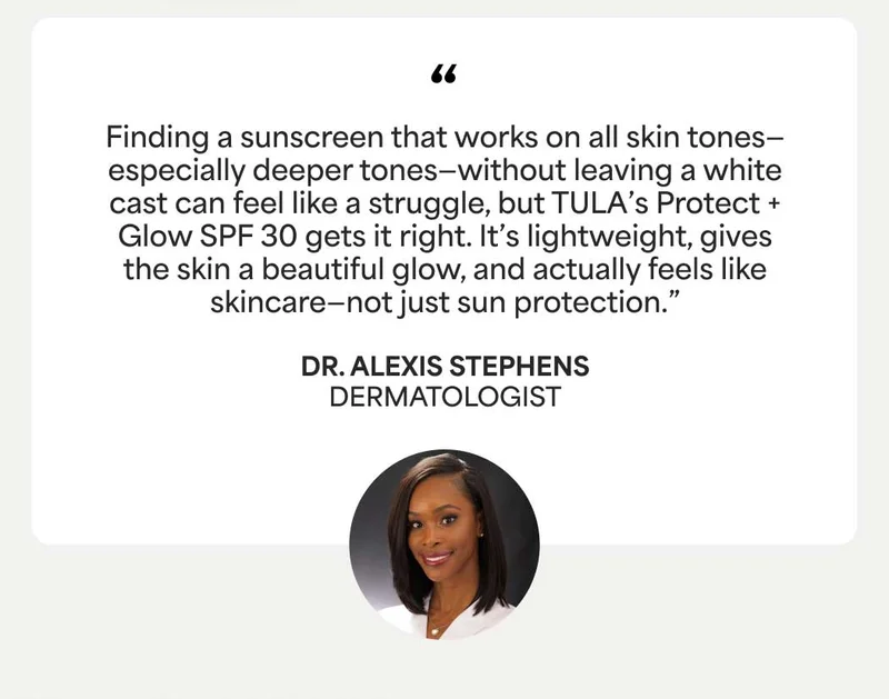 "Finding a sunscreen that works on all skin tones— especially deeper tones—without leaving a white cast can feel like a struggle, but TULA’s Protect + Glow SPF 30 gets it right. It’s lightweight, gives the skin a beautiful glow, and actually feels like skincare—not just sun protection." - DR. ALEXIS STEPHENS, DERMATOLOGIST