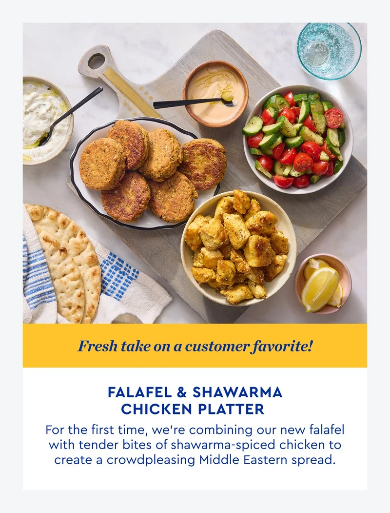 Fresh take on a customer favorite | Falafel and Shwarma Chicken Platter - For the first time we're combining falafel with tender bites of shwarma spiced chicken to create a crowd pleasing middle-eastern spread. | ORDER NOW