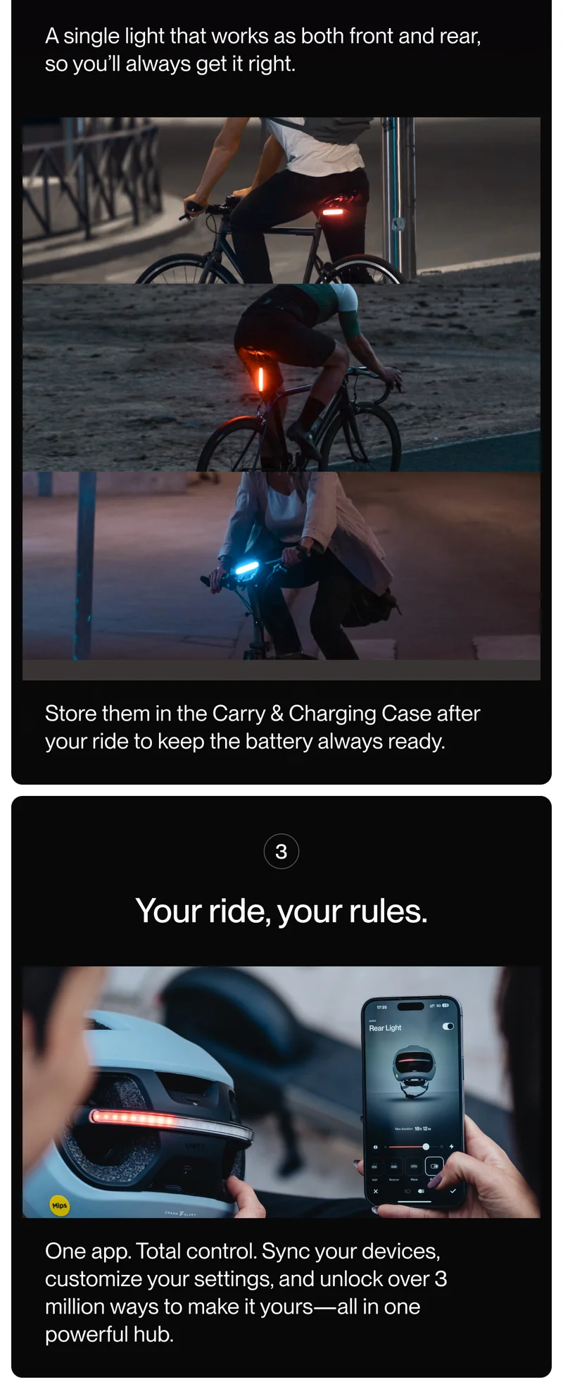 Cyclists at dusk using interchangeable lights mounted on backpacks and bikes, showcasing versatile placement options.