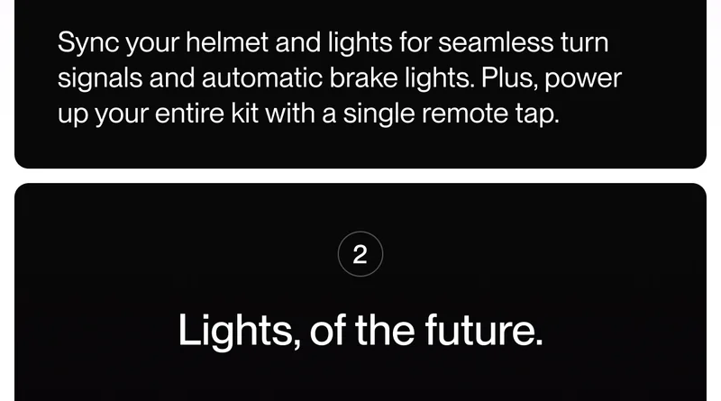 Text explaining how smart helmet lights sync with turn signals and brake lights, supported by a single remote control.