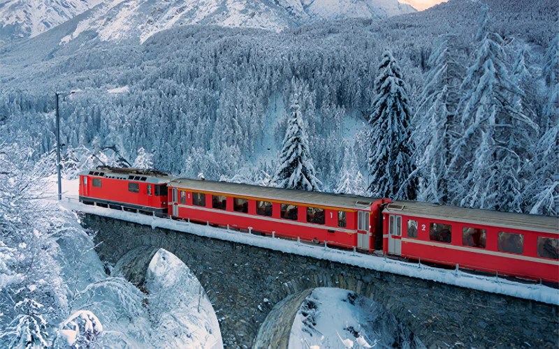 A photo of the Bernina Express travelling through Switzerland