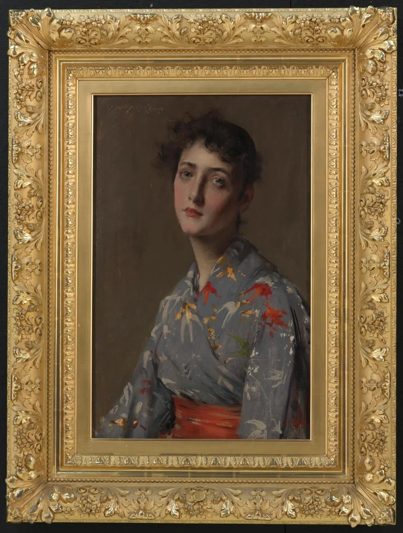 An oil painting of a girl wearing a Japanese costume set in a gold frame