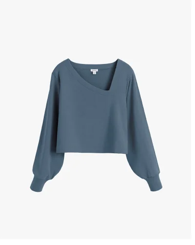 French Terry Asymmetrical Neckline Top Indigo