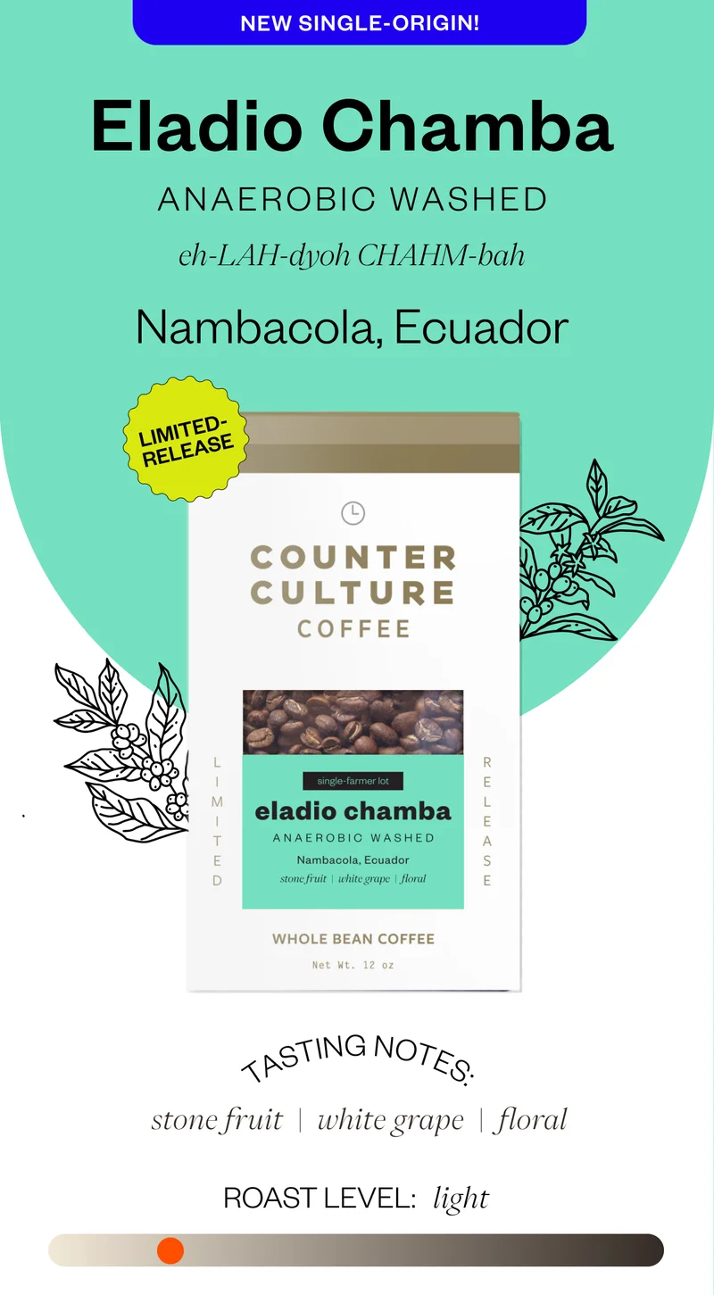 New Single - Origin Eladio Chamba Anaerobic WashedPronunciation: eh-LAH-dyoh CHAHM-bah Nambacola, Ecuador Tasting Notes: Stone fruit white grape floral Roast Level: light