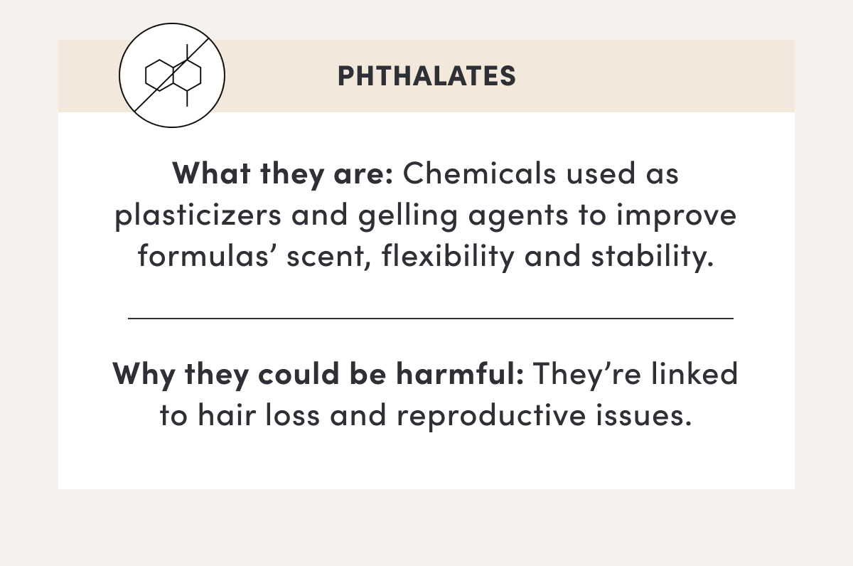 Phthalates | What they are: Chemicals used as plasticizers and gelling agents to improve formulas’ scent, flexibility and stability. | Why they could be harmful: They’re linked to hair loss and reproductive issues.