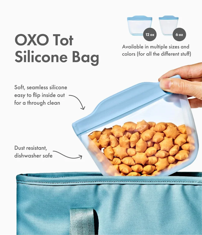 Available in multiple sizes and colors (for all the different stuff). OXO Tot Silicone Bag. Soft, seamless silicone easy to flip inside out for a through clean. Dust resistant, dishwasher safe.