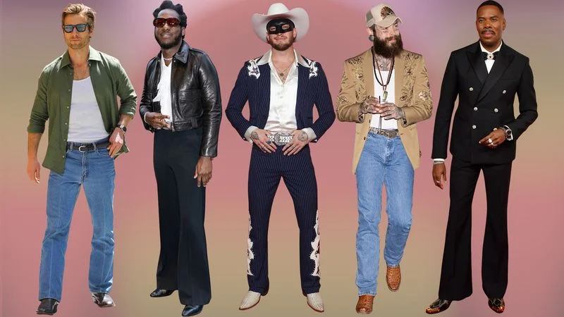 Image may contain: Glen Powell, Colman Domingo, Leon Bridges, Lynxxx, Post Malone, Clothing, Coat, Jacket, Pants, and Blazer