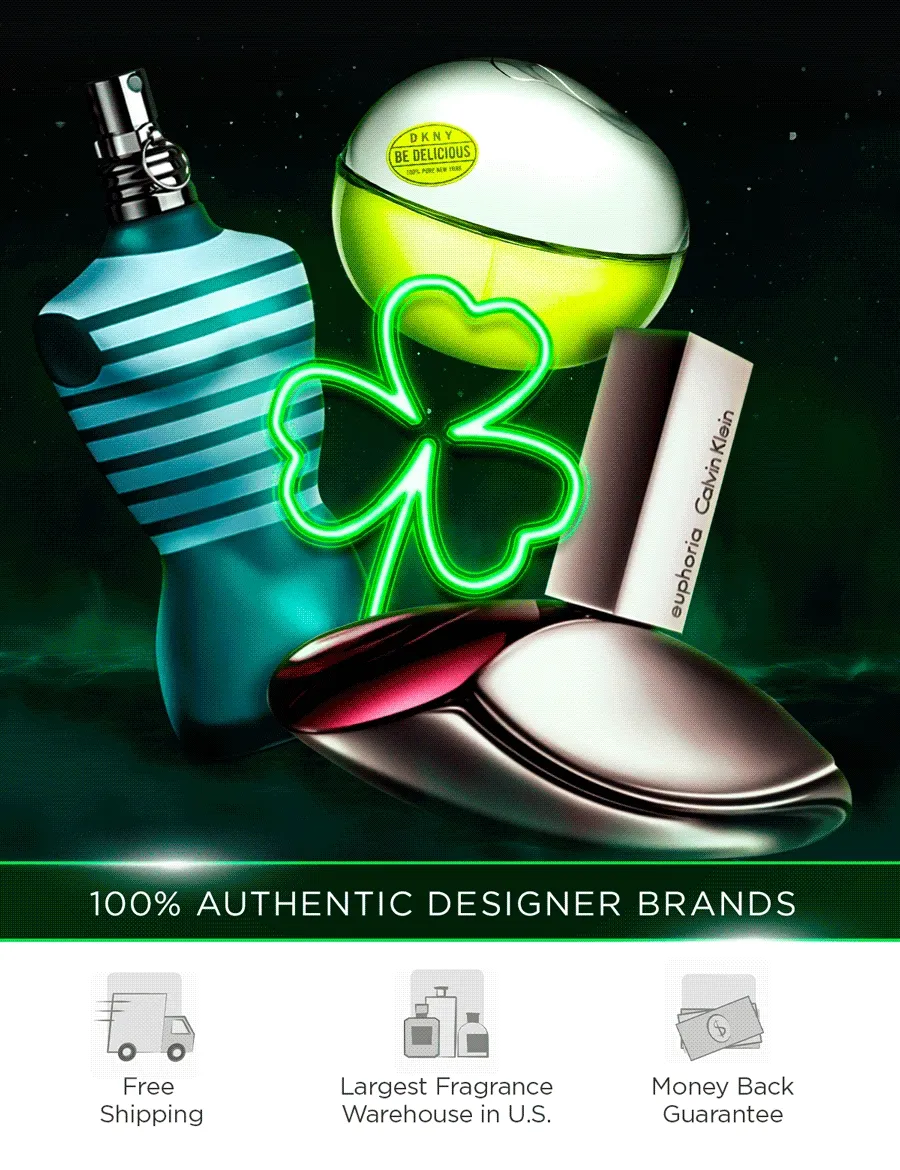 Neon clovers glow around popular perfume and cologne bottles during St. Patrick's Day deals