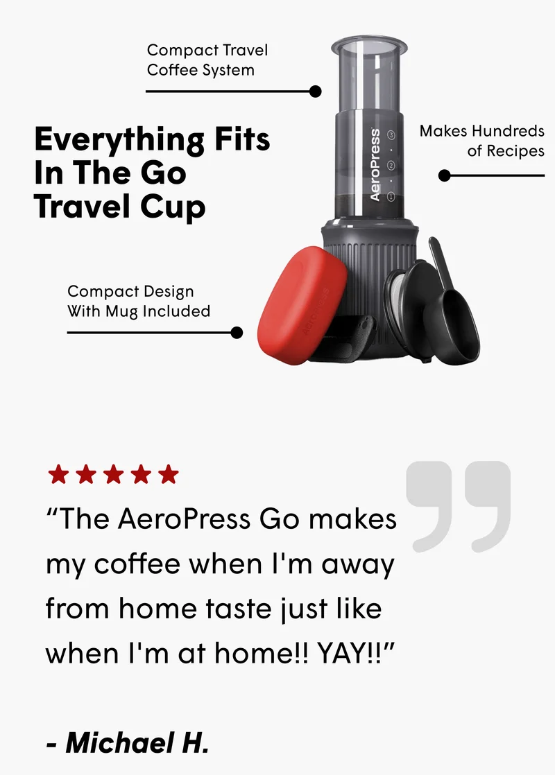 Everything Fits In The Go Travel Cup “The AeroPress Go makes my coffee when I'm away from home taste just like when I'm at home!! YAY!!”    - Michael H.