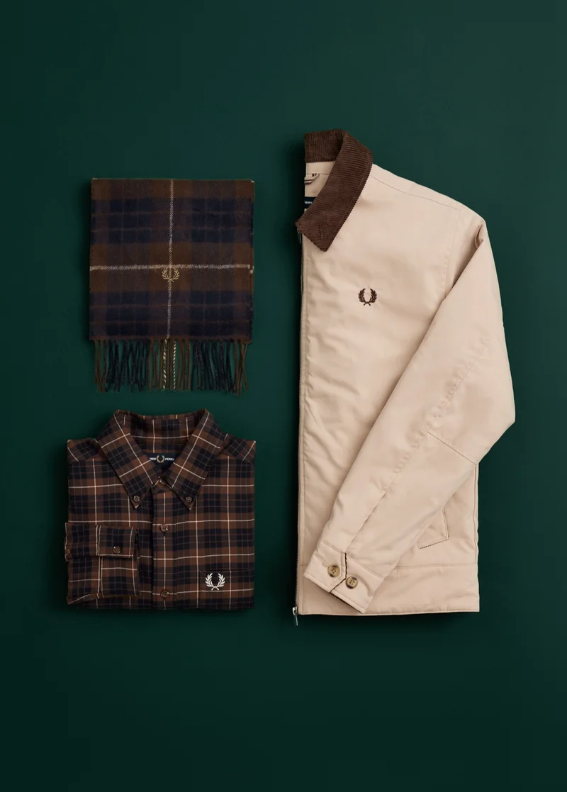 Fred Perry Caban Jacket in Warm Oat with a Brushed Twill Tartan Shirt and a Lambswool Tartan Scarf in Burnt Tobacco