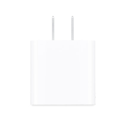 USB-C Power Adapter in white color, side exterior, two silver prongs pointed upward