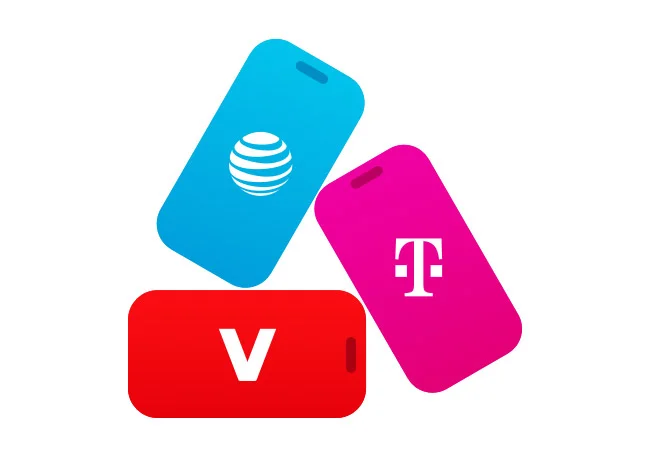 Three playfully stacked iPhone silhouettes with carrier logos over each colored face: AT&T on blue, T-Mobile on pink, Verizon on red